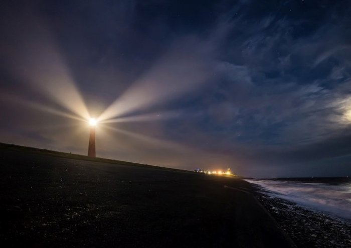 Lighthouse Light Sea Beacon Coast Sky Night